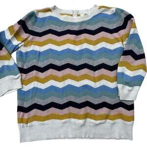 1901 Chevron Jacquard 3/4 Sleeve Crew Neck Button-Back Pullover Sweater